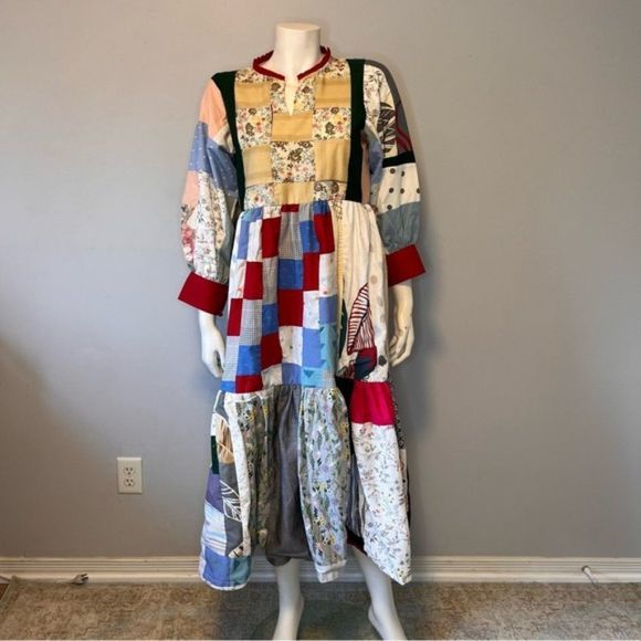 Hand Crafted Dresses & Skirts - Hand Crafted Patchwork Multicolored Spring Tiered Maxi Dress Fairytale Small